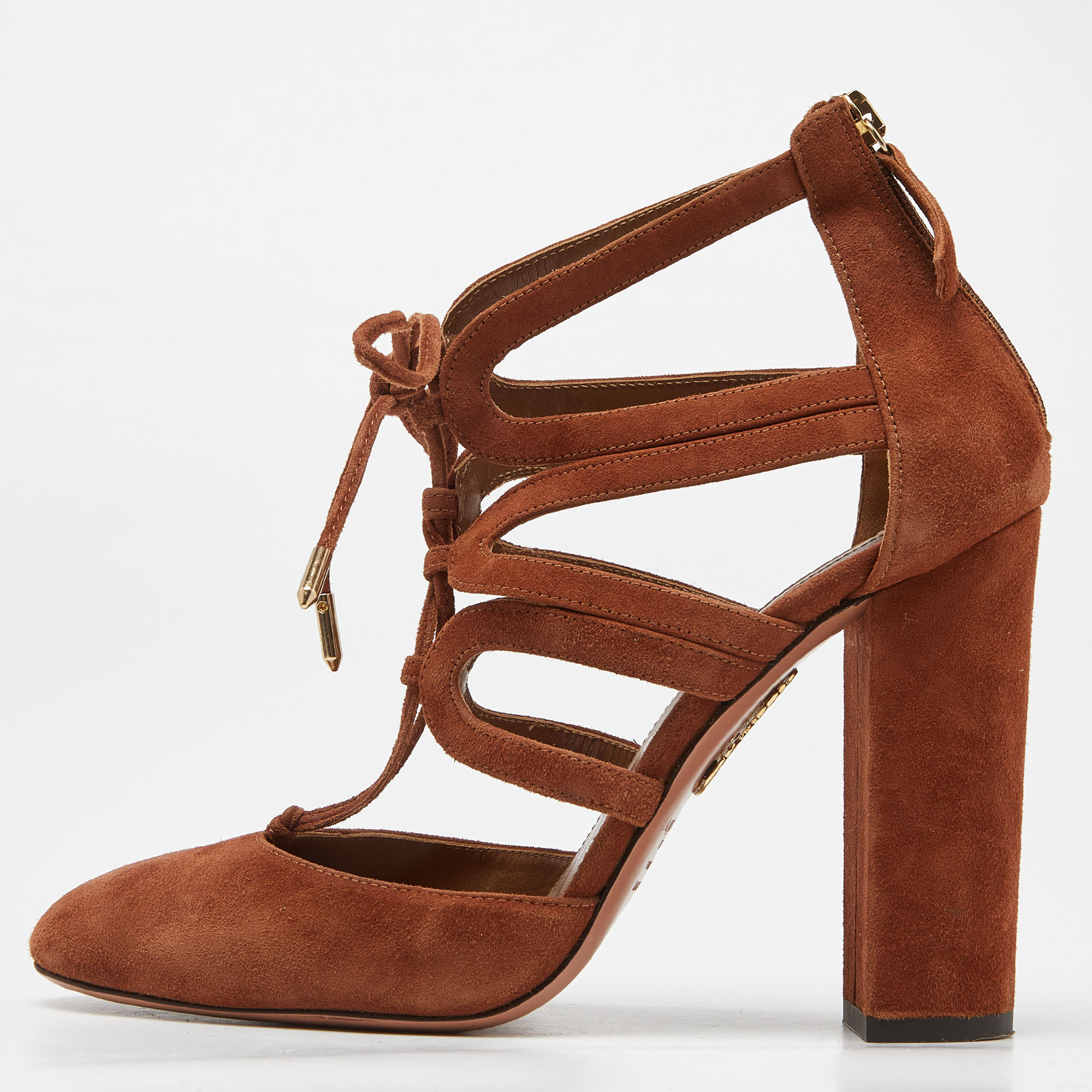 Aquazzura Brown Suede Lace Up Block Heel Pumps Size 39, Pumps - Luxury Closet catalog
