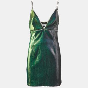 AREA  Metallic Green Lam&eacute; Crystal Embellished Strappy Mini Dress L, Dresses - Luxury Closet catalog