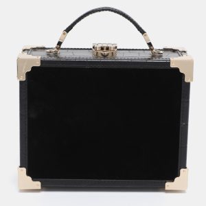 Aspinal of London Black Croc Embossed Leather and Velvet Trinket Top Handle Bag, Satchels - Luxury Closet catalog