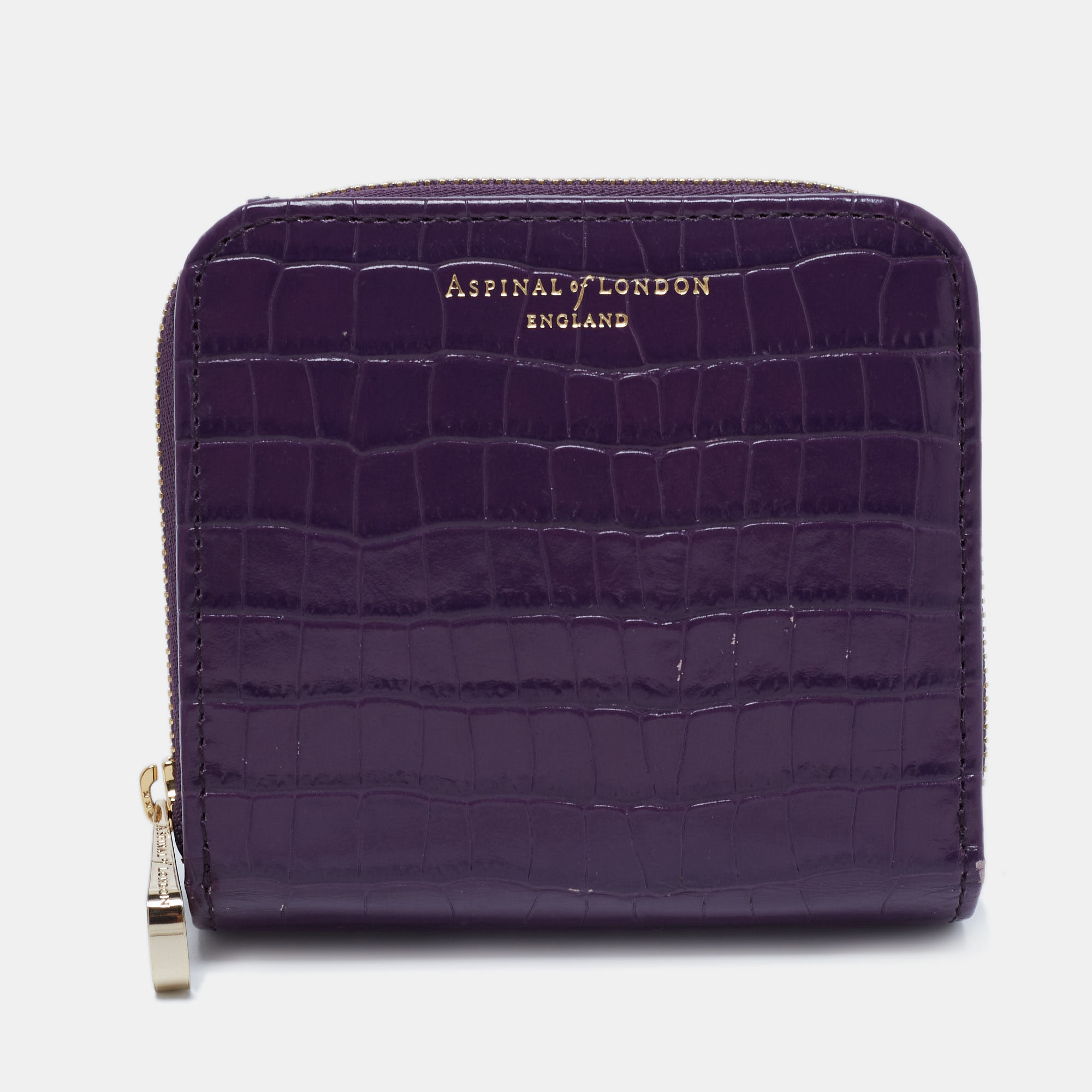 Aspinal of London Purple Croc Embossed Leather Zip Around Compact Wallet, Wallets & Money Clips - Luxury Closet catalog