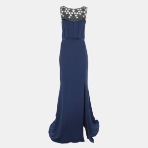 Badgley Mischka Blue Silk Stretch Embellished Gown Dress L, Dresses - Luxury Closet catalog