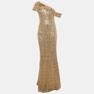 Badgley Mischka Gold Sequins Nylon Asymmetrical Neck Long Dress XS, Dresses - Luxury Closet catalog