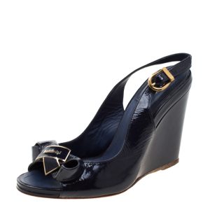 Baldinini Blue Leather Bow Wedge Ankle Strap Sandals Size 37, Sandals - Luxury Closet catalog