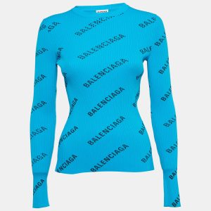 Balenciaga Blue Logo Print Rib Knit Full Sleeve Top S, Shirts & Tops - Luxury Closet catalog