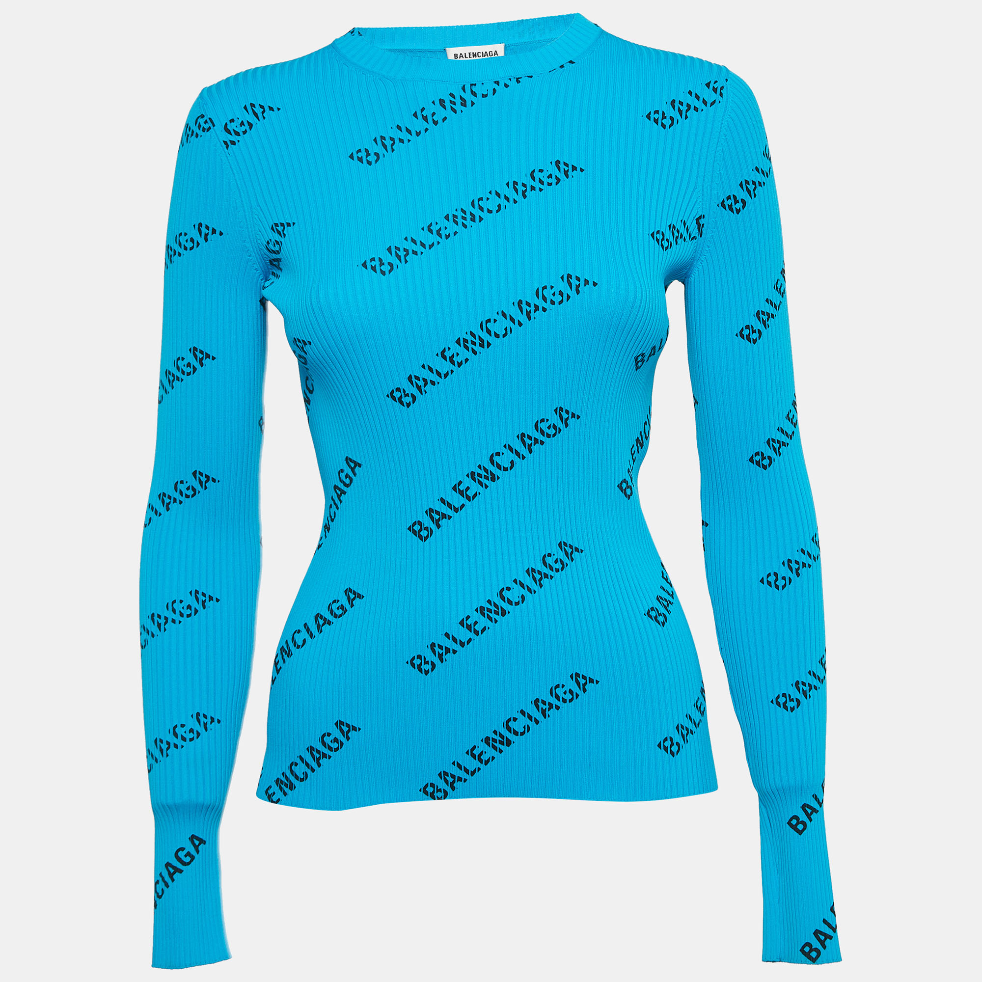 Balenciaga Blue Logo Print Rib Knit Full Sleeve Top S, Shirts & Tops - Luxury Closet catalog