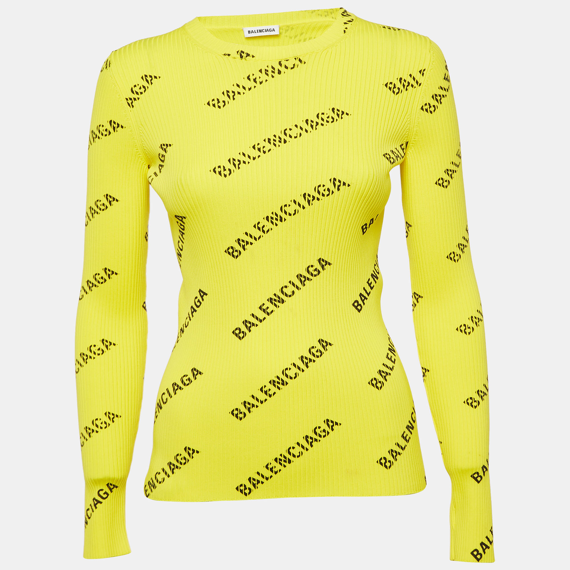 Balenciaga Yellow Logo Print Rib Knit Full Sleeve Top M, Shirts & Tops - Luxury Closet catalog