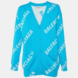 Balenciaga Blue All Over Logo Intarsia Knit Cardigan S, Sweaters & Cardigans - Luxury Closet catalog