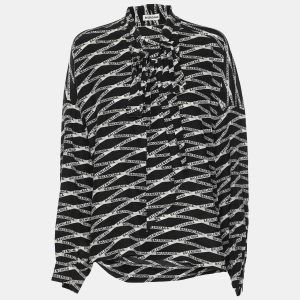 Balenciaga Black Zig Zag Logo Printed Silk Neck Tie Detail Top M, Shirts & Tops - Luxury Closet catalog