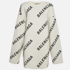 Balenciaga Off-White Monogram Jacquard Knit Crew Neck Sweater S, Sweaters & Cardigans - Luxury Closet catalog
