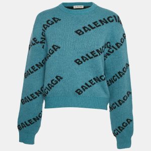 Balenciaga Blue Logo Intarsia Wool Crewneck Sweater M, Sweaters & Cardigans - Luxury Closet catalog