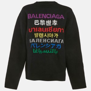Balenciaga Black 7 Languages Logo Intarsia Wool Sweater S, Sweaters & Cardigans - Luxury Closet catalog