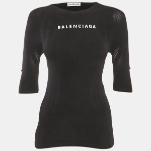 Balenciaga Black Logo Print Mesh Trim Jersey Fitted Top S, Shirts & Tops - Luxury Closet catalog