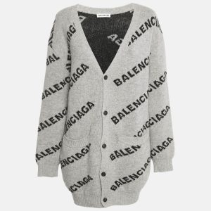 Balenciaga Grey Logo All Over Wool Knit Cardigan M, Sweaters & Cardigans - Luxury Closet catalog