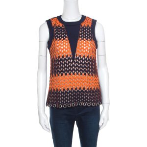 Balenciaga Blue and Neon Orange Open Loop Weave Detail Sleeveless Top S, Shirts & Tops - Luxury Closet catalog