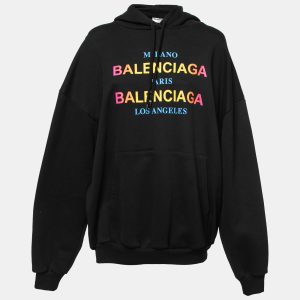 Balenciaga Black Cotton Multi-City Logo Print Hooded Sweatshirt M, Sweaters & Cardigans - Luxury Closet catalog