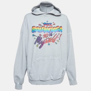 Balenciaga Grey Distressed Cotton Graphic Print Hoodie S, Sweaters & Cardigans - Luxury Closet catalog