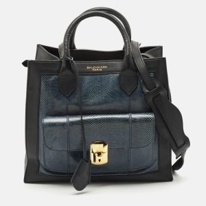 Balenciaga Black/Navy Blue Leather and Lizard Padlock All Afternoon Tote, Tote Handbags - Luxury Closet catalog