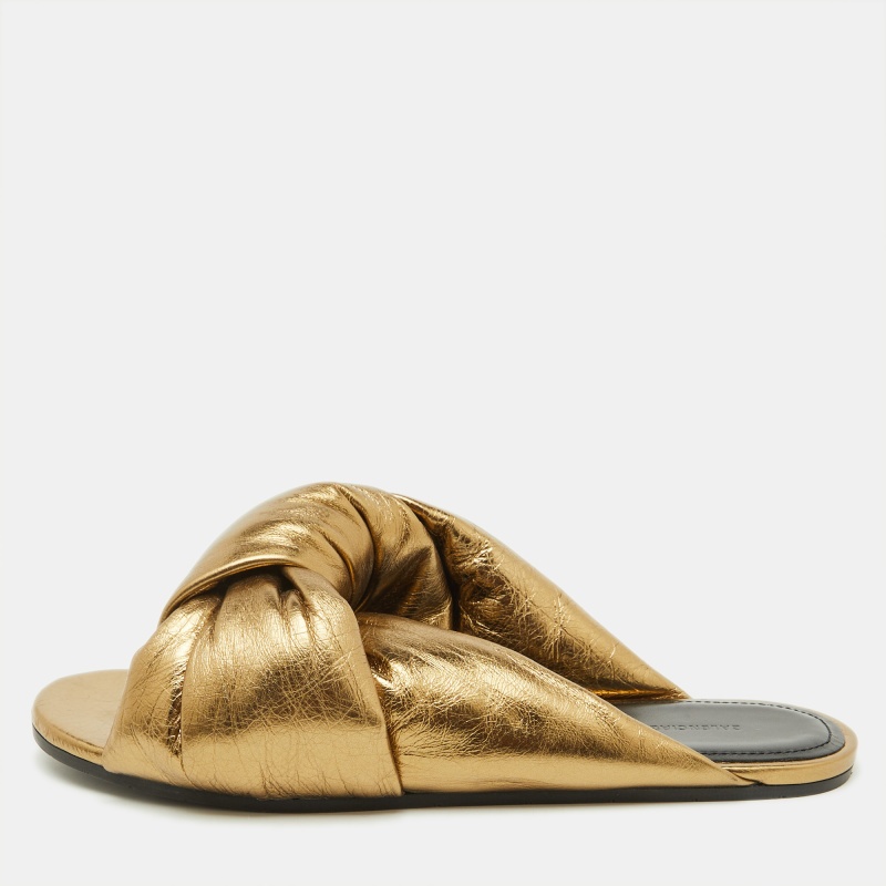 Balenciaga Gold Leather Drappy Flat Slides Size 37, Flats - Luxury Closet catalog