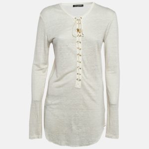Balmain Off-White Linen Knit Lace-Up Top M, Shirts & Tops - Luxury Closet catalog