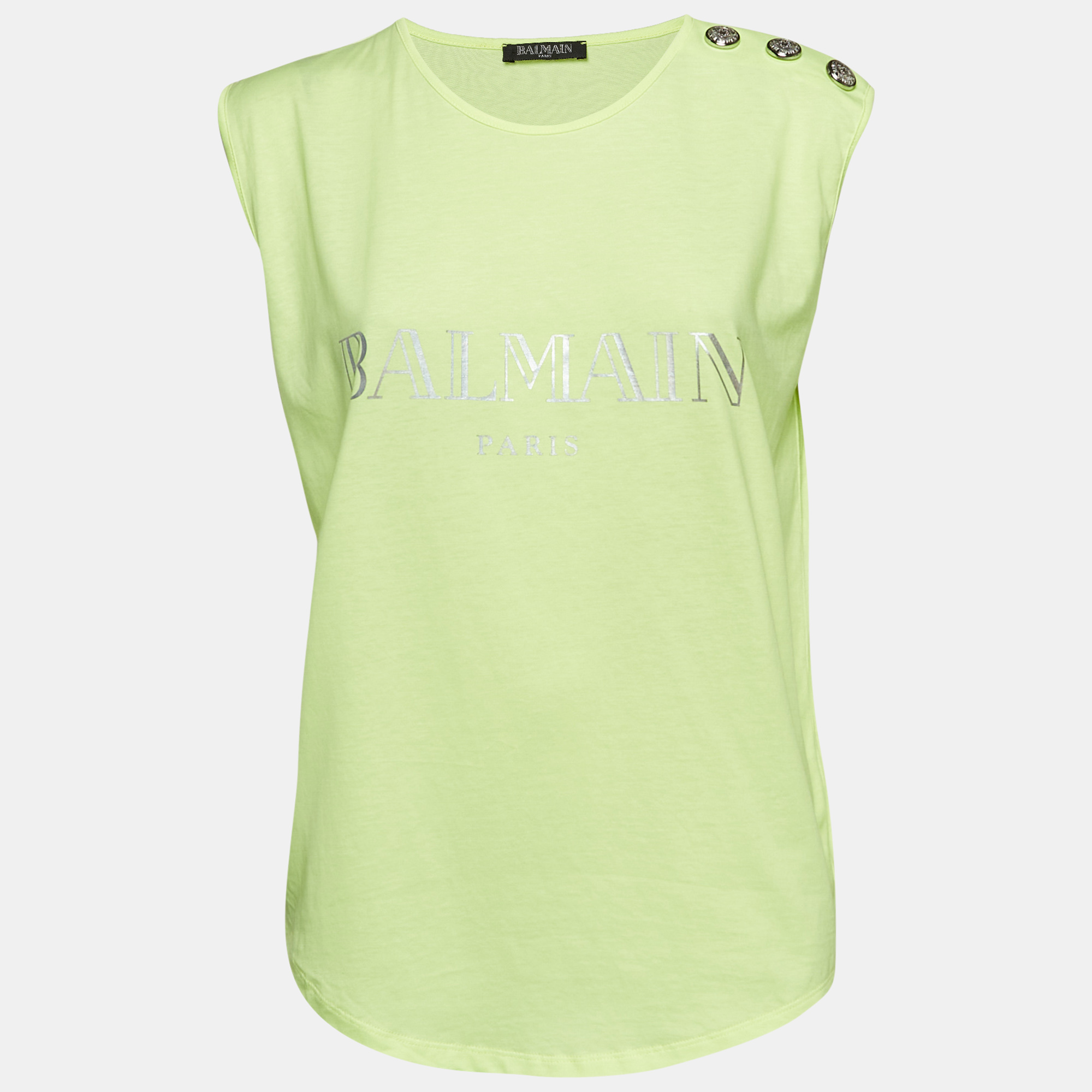 Balmain Fluorescent Green Logo Print Jersey Sleeveless T-Shirt M, Shirts & Tops - Luxury Closet catalog