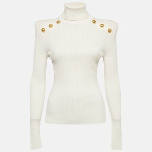Balmain White Rib Knit Structured Shoulders Turtleneck Sweater M, Sweaters & Cardigans - Luxury Closet catalog