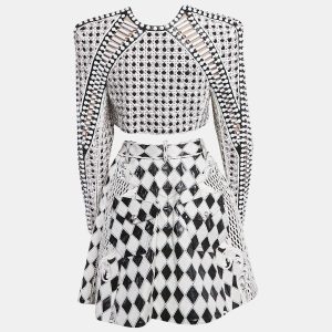 Balmain Black/White Crystal Embellished Wool and Leather Blazer and Skirt S, Suits - Luxury Closet catalog