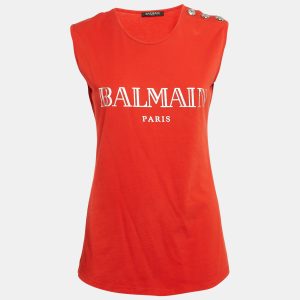 Balmain Orange Logo Print Jersey Button Detail Sleeveless T-Shirt S, Shirts & Tops - Luxury Closet catalog