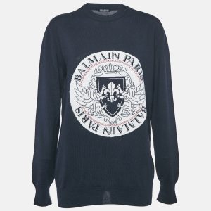 Balmain Navy Blue Intarsia Knit Crew Neck Sweater M, Sweaters & Cardigans - Luxury Closet catalog