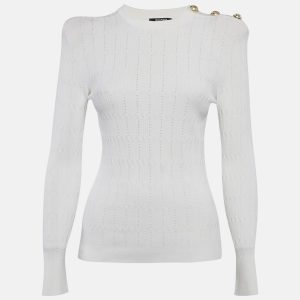 Balmain White Textured Pointelle Knit Crewneck Sweatshirt S, Sweaters & Cardigans - Luxury Closet catalog