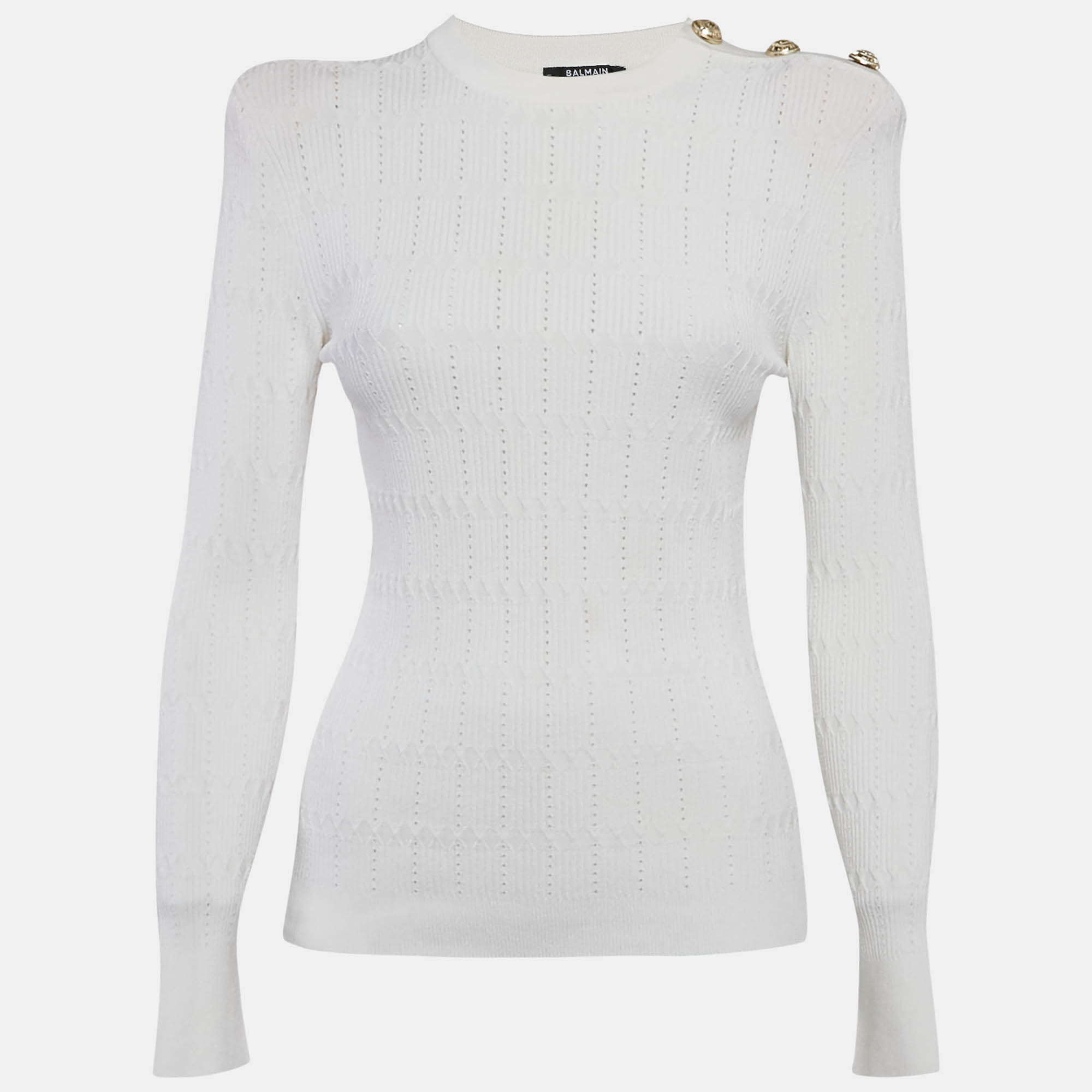 Balmain White Textured Pointelle Knit Crewneck Sweatshirt S, Sweaters & Cardigans - Luxury Closet catalog
