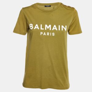 Balmain Green Logo Printed Cotton Buttons Detail Half Sleeve T-Shirt S, Shirts & Tops - Luxury Closet catalog