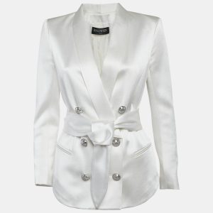 Balmain White Satin Belted Double Breasted Blazer M, Coats & Jackets - Luxury Closet catalog