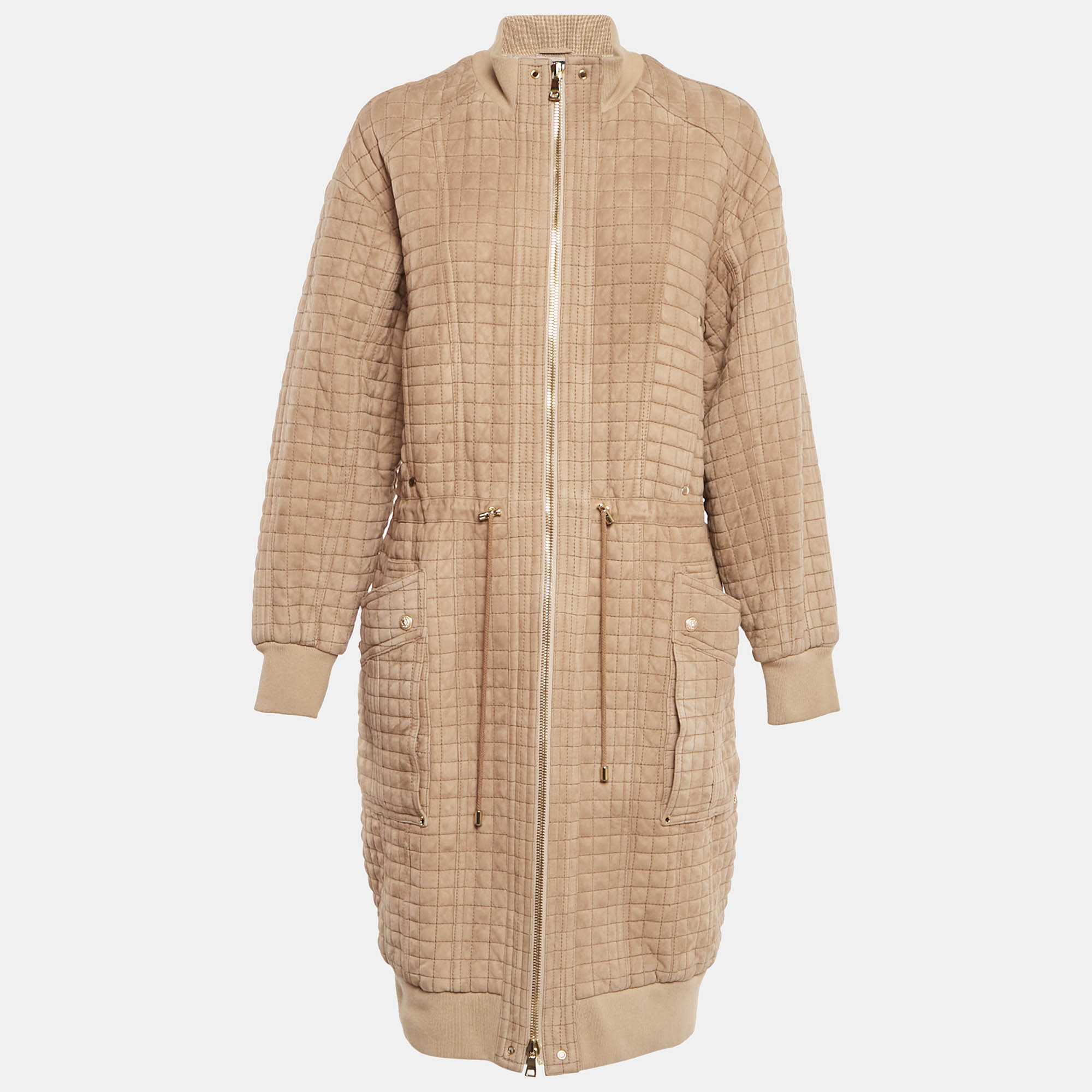 Balmain Beige Suede Zip-Up Quilted Long Coat M, Coats & Jackets - Luxury Closet catalog