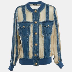 Balmain Blue/Beige Denim and Organza Silk Button Front Jacket M, Coats & Jackets - Luxury Closet catalog