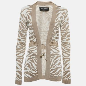 Balmain Beige/White Patterned Knit Drawstring  Cardigan S, Sweaters & Cardigans - Luxury Closet catalog