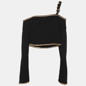 Balmain Black Rib Knit Chain Trim Off The Shoulder Crop Top M, Shirts & Tops - Luxury Closet catalog
