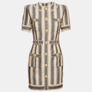 Balmain Beige/Black Frayed Sequin Striped Piqu&eacute; Mini Dress S, Dresses - Luxury Closet catalog