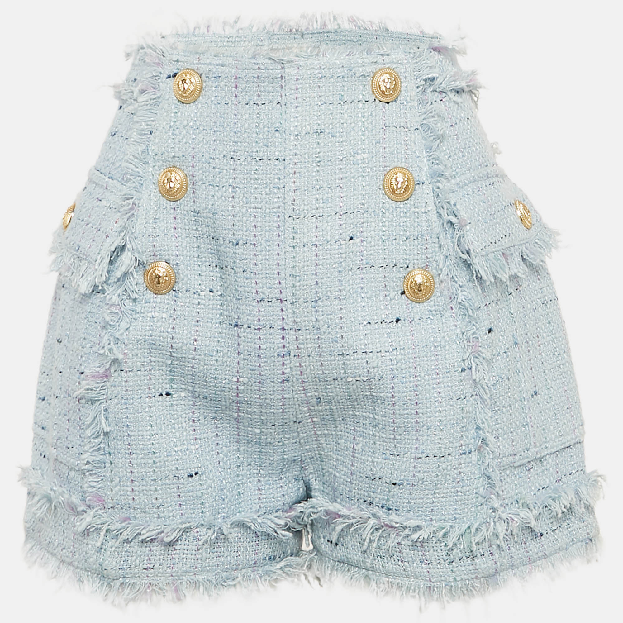 Balmain Blue Tweed Button Detail Fringed Shorts M, Shorts - Luxury Closet catalog