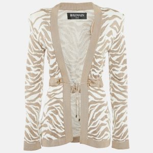 Balmain Beige/White Zebra Pattern Jacquard Knit Drawstring Detail Cardigan S, Sweaters & Cardigans - Luxury Closet catalog