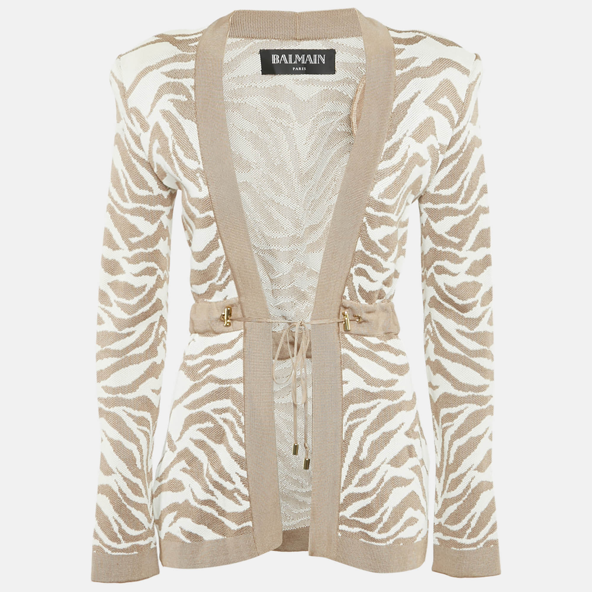 Balmain Beige/White Zebra Pattern Jacquard Knit Drawstring Detail Cardigan S, Sweaters & Cardigans - Luxury Closet catalog