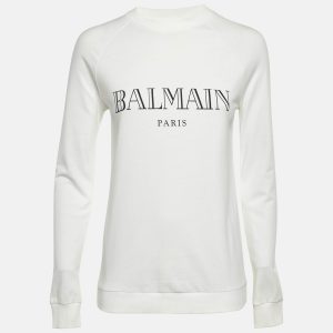 Balmain White Logo Print Cotton Crew Neck Sweatshirt S, Sweaters & Cardigans - Luxury Closet catalog