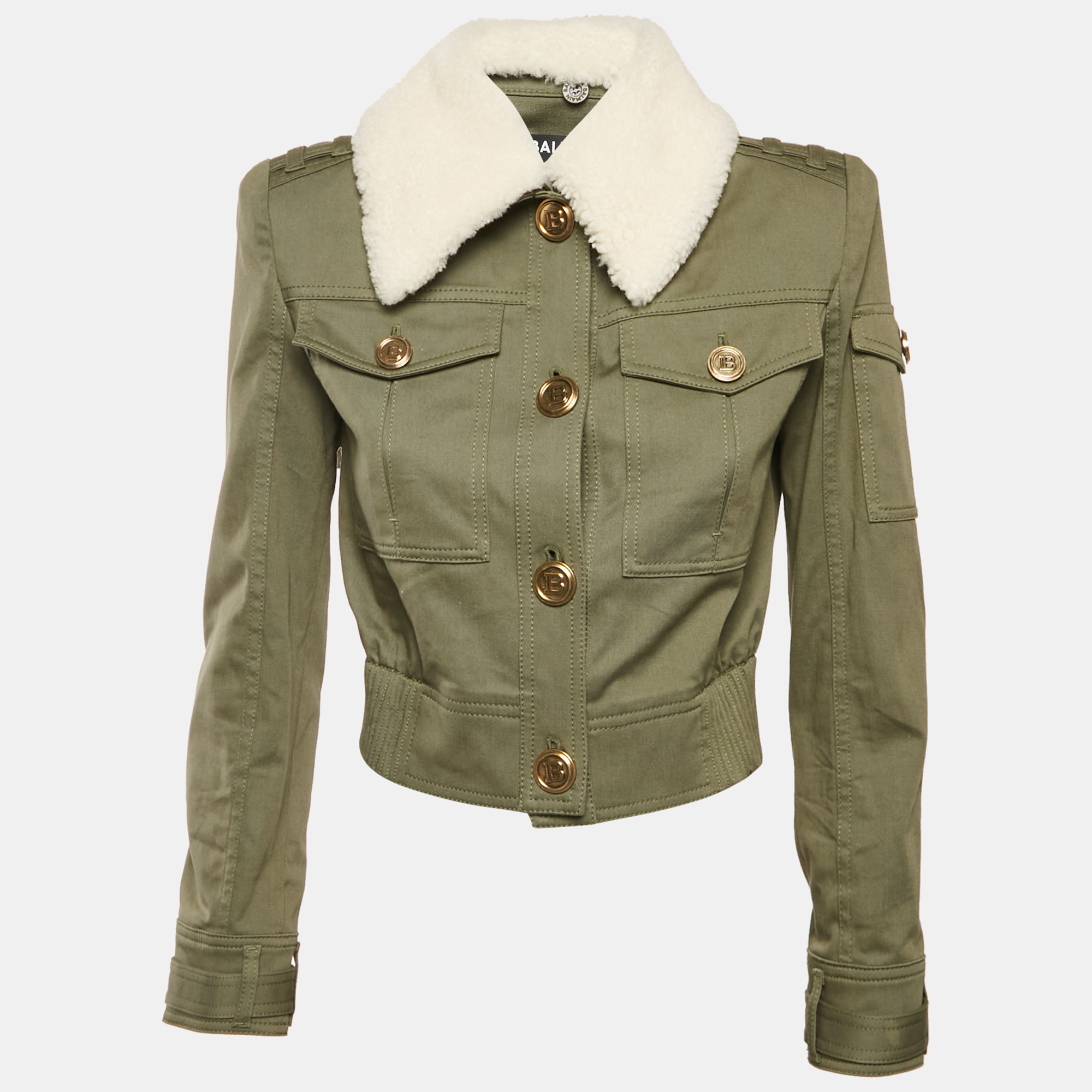 Balmain Green Shearling Collar Gabardine Crop Jacket S, Coats & Jackets - Luxury Closet catalog