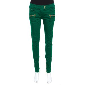 Balmain Green Denim Ribbed Panel Zip Detail Skinny Biker Jeans S, Jeans - Luxury Closet catalog