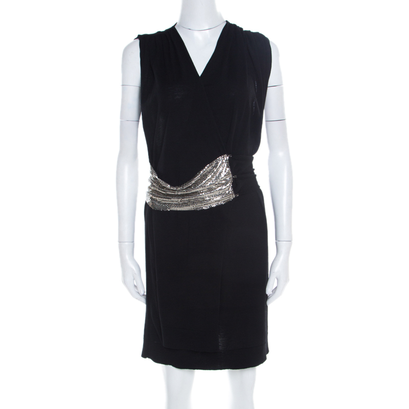 Balmain Black Knit Wool Chainmail Paneled Faux Wrap Mini Dress M, Dresses - Luxury Closet catalog
