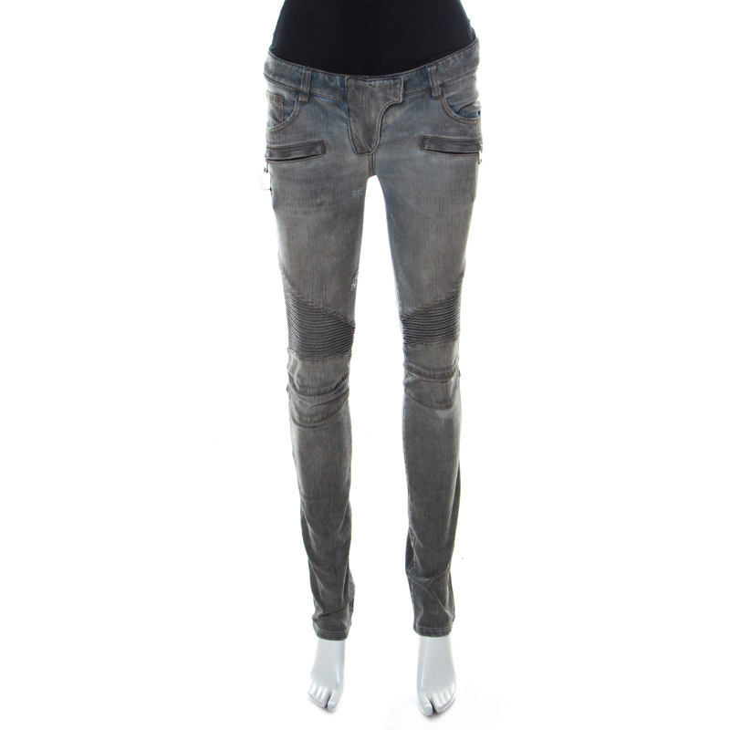 Balmain Grey Washed Denim Pintucked Panel Zip Detail Skinny Jeans S, Jeans - Luxury Closet catalog