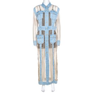Balmain Bicolor Sheer Silk Panelled Denim Trim Shirt Dress L, Dresses - Luxury Closet catalog