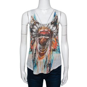 Balmain Pale Grey Linen Jersey Red Indian Print Sleeveless Tank Top S, Shirts & Tops - Luxury Closet catalog