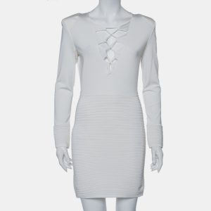 Balmain White Textured Knit Lace Up Tie Detail Mini Dress M, Dresses - Luxury Closet catalog