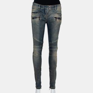 Balmain Blue Denim Quilted Detail Faded Effect Biker Jeans M, Jeans - Luxury Closet catalog