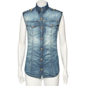 Balmain Blue Faded Effect Denim Pocket Detailed Button Front Sleeveless Shirt S, Shirts & Tops - Luxury Closet catalog